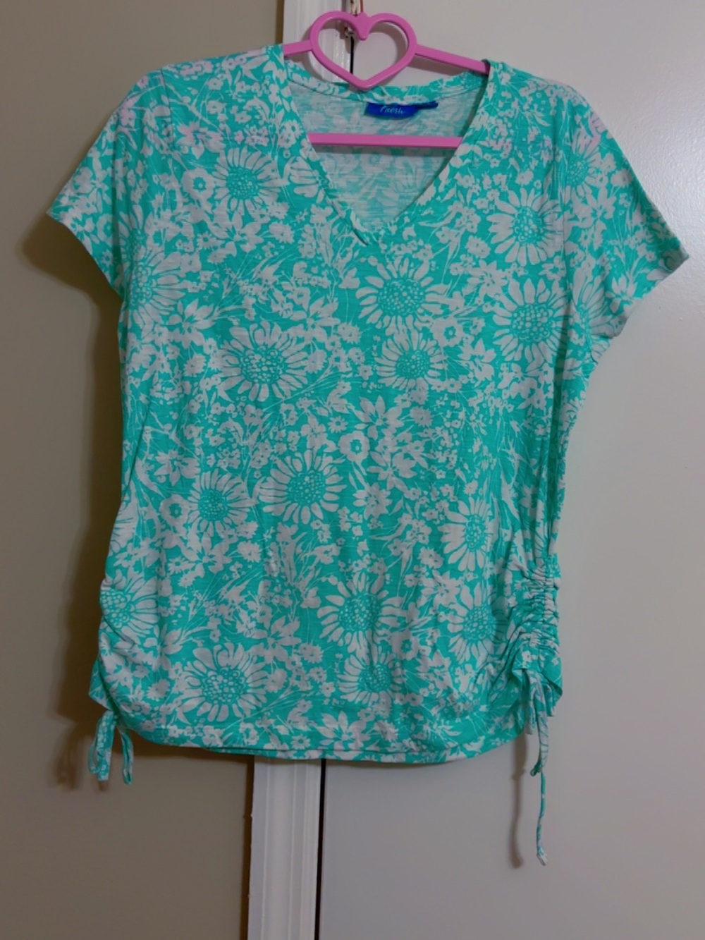 fresh Aqua Floral V-Neck Short Sleeve Side-Tie Tee